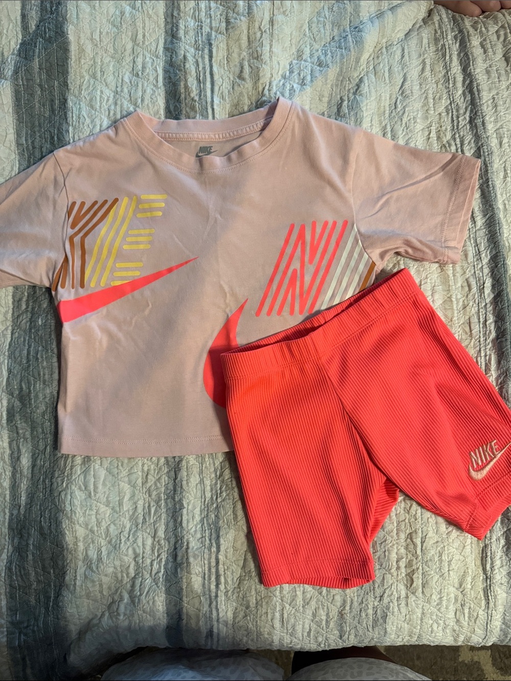 Nike Light Pink Graphic Crop Tee with Coral Ribbed Bike Shorts